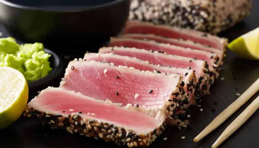 Trancio di tonno scottato con sesamo, pronto per gustose ricette. Accompagnato da wasabi, lime e salsa di soia.