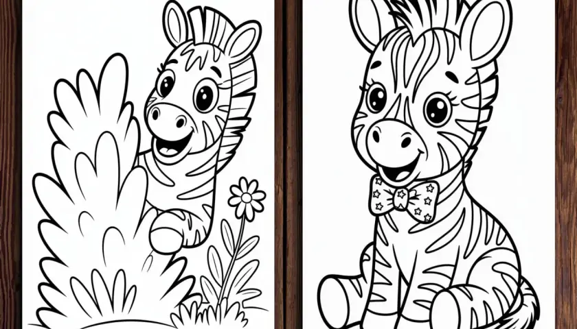 Dos adorables cebras para colorear, una escondida entre arbustos y otra con pajarita, listas para llenarse de color.