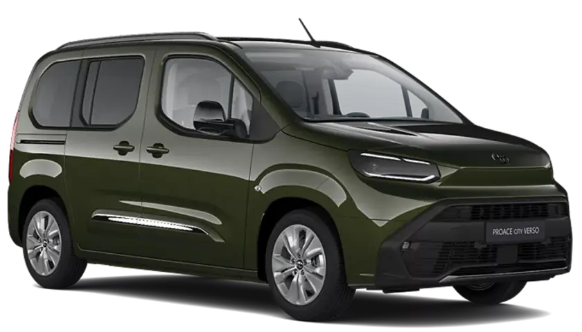 Zielony Toyota Proace City Verso, wszechstronny van, idealny na rodzinne wypady i przewóz ładunków.