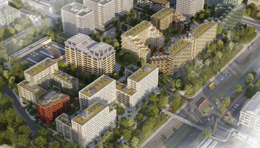 Nowoczesny Mokotów: osiedle z zielonymi dachami, nowoczesną architekturą i terenami zielonymi.