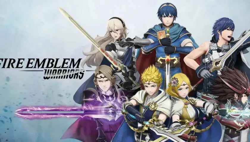 Postacie z gry Fire Emblem Warriors, w tym Corrin, Marth i Chrom, gotowi do walki.