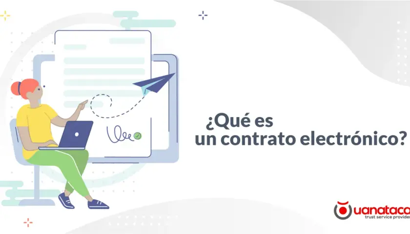 Ilustración de una mujer usando una laptop para firmar contrato a distancia.
