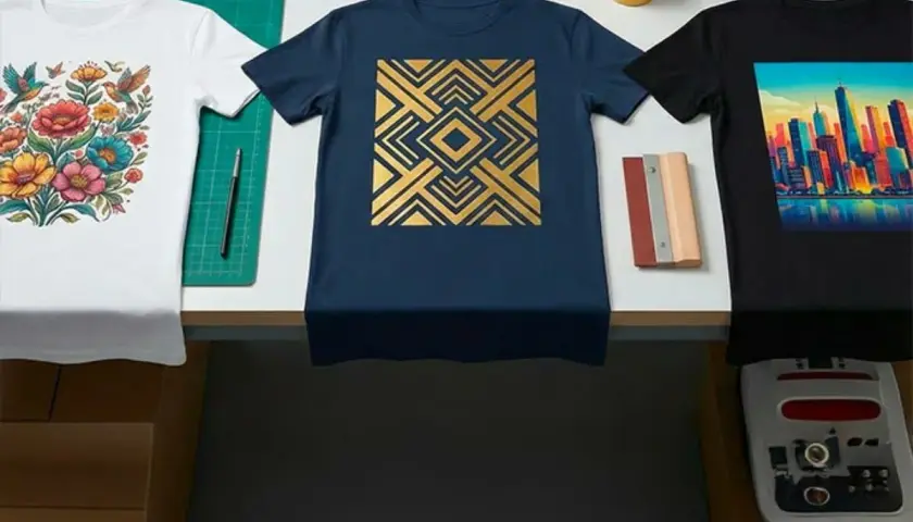 Trois t-shirts : un blanc avec des fleurs et des oiseaux, un bleu marine avec un motif géométrique doré, et un noir avec une ville colorée. Le processus de dtg printing est en cours.