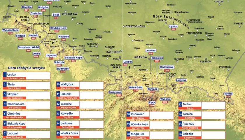 Mapa Polski z zaznaczonymi szczytami Korony Gór Polski i ich wysokościami.
