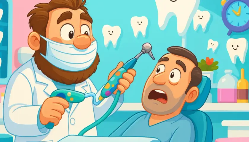 Dentysta w masce przygotowuje się do borowania zębów przerażonego pacjenta. W tle uśmiechnięte ząbki i zegar.