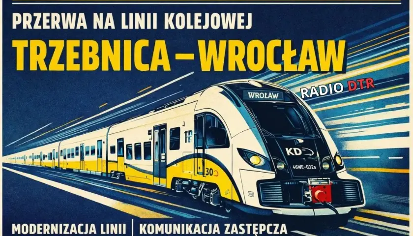 Pociąg KD na linii Trzebnica-Wrocław. Modernizacja linii i komunikacja zastępcza. Oznaczenia pociągów widoczne na składzie.