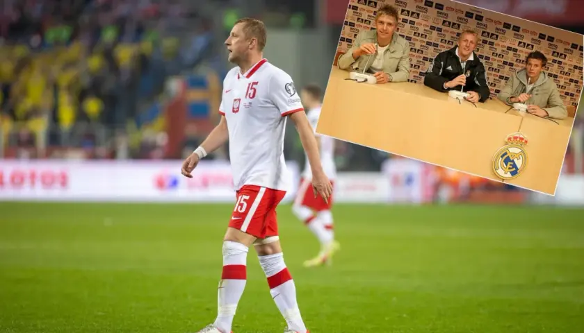 Piłkarz w koszulce z numerem 15, Kamil Glik, na boisku. W rogu zdjęcie z konferencji prasowej Real Madryt.