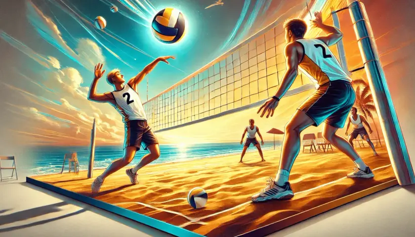 Dynamiczne odbicie piłki od ziemi na plaży podczas meczu siatkówki. Słońce zachodzi, tworząc złote refleksy na piasku i wodzie.