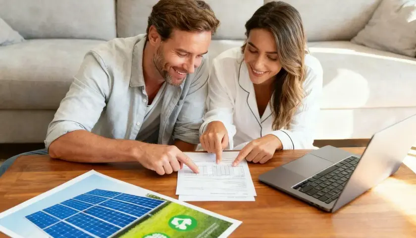 Para analizują rachunki i panele słoneczne, zastanawiając się, ile kosztuje 1 kWh energii.