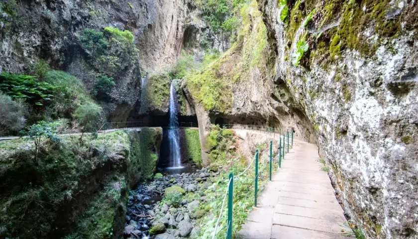 A scenic path along the Levada do Moinho leads to a cascading waterfall nestled within a moss-covered canyon.