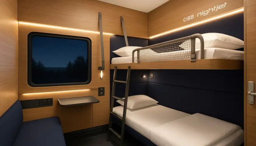 En mysig sovkupé på ett euronight train med våningssängar, fönster med mörk natthimmel och bekväma sittplatser.