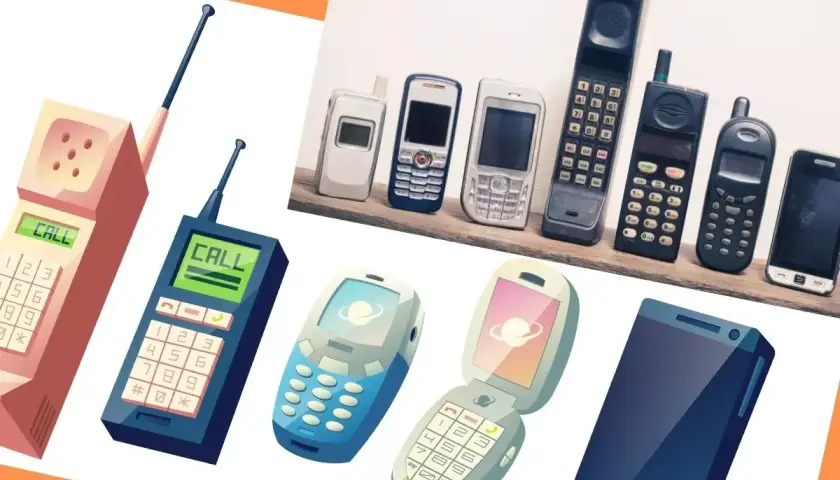 Ewolucja od pierwszego telefonu komórkowego do smartfona. Kolekcja starych i nowych modeli telefonów.