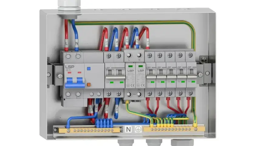 Wnętrze rozdzielnicy elektrycznej w domu: wyłączniki, bezpieczniki i przewody (niebieskie, czerwone, zielono-żółte) połączone z listwami.
