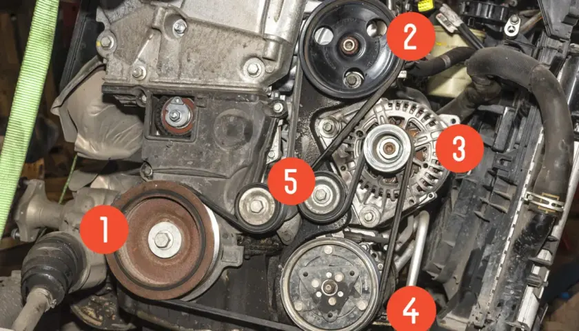 Silnik z paskiem klinowym. Numery wskazują: 1-koło pasowe wału korbowego, 2-pompa wspomagania, 3-alternator, 4-sprzęgło klimatyzacji, 5-napinacz. Dowiedz się, jak naciągnąć pasek klinowy.