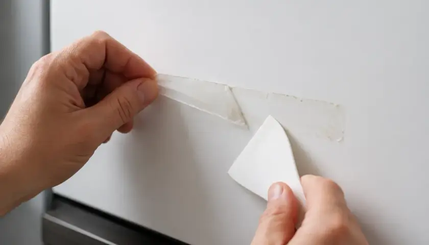 Dłonie usuwają taśmę dwustronną z białych mebli za pomocą plastikowej skrobaczki.