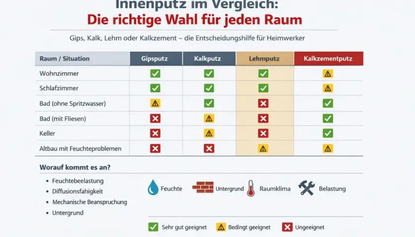 Vergleichstabelle für Innenputz: Gips, Kalk, Lehm und Kalkzement. Zeigt Eignung für Wohn-, Schlafzimmer, Bäder, Keller und Altbau. Kalkzementputz ist vielseitig.
