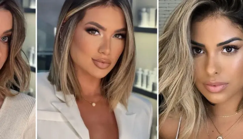 Tres mujeres con mechas woodlights, un estilo de cabello que ilumina el rostro con tonos cálidos y naturales.