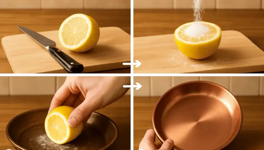 Limpia el cobre con limón y sal. El ácido cítrico y la sal actúan como abrasivo natural para eliminar la suciedad y el óxido.