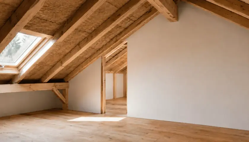 Interno di un sottotetto con travi in legno a vista e lucernario. Il pavimento è in parquet chiaro. L'isolamento sottotetto è visibile tra le travi.