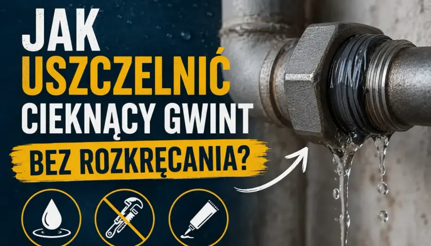 Jak uszczelnić cieknący gwint bez rozkręcania? Woda kapie z metalowego połączenia. Ikony: kropla, klucz z przekreśleniem, tubka z uszczelniaczem.