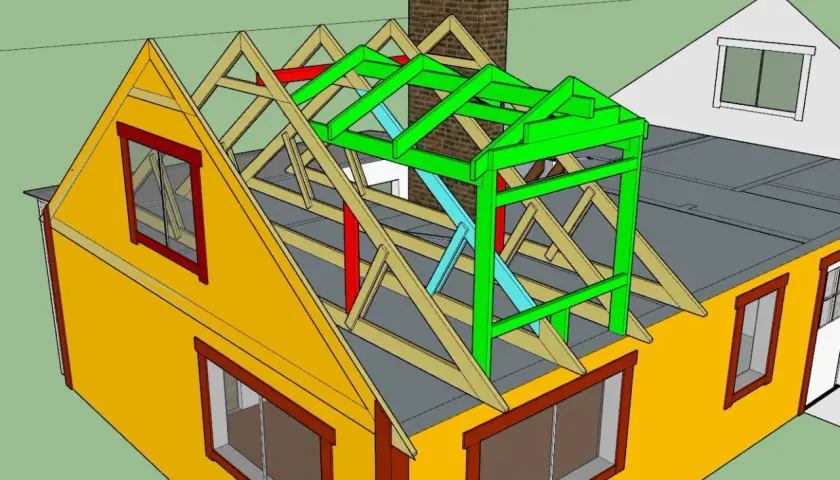 3D-modell visar stommen för att bygga takkupa. Träbjälkar och färgade stöd skapar den nya strukturen ovanpå husets tak.