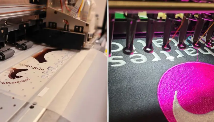 Impression textile : une machine imprime un motif sur un tissu, tandis qu'une autre brode des lettres et un logo sur un vêtement.