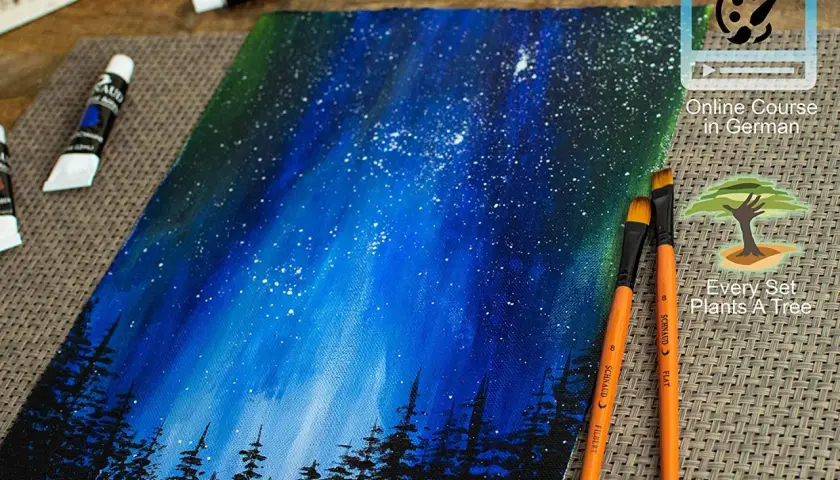 Acrylfarben Kinder Ideen: Ein Sternenhimmel über einem Wald, gemalt mit leuchtenden Blautönen. Pinsel und Farben liegen bereit.