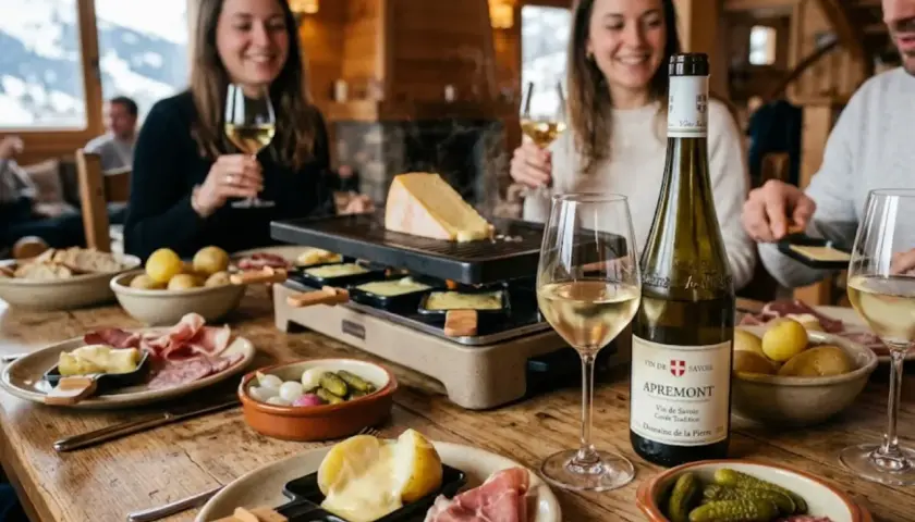 Un groupe d'amis savoure une raclette, accompagnée d'un vin rouge de Savoie. Les pommes de terre, charcuteries et cornichons sont prêts à être dégustés.