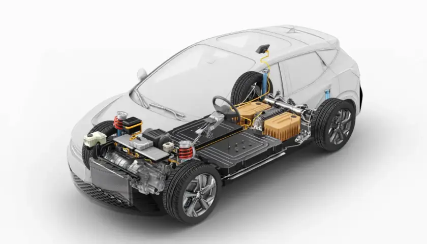 Przekrój samochodu elektrycznego ukazujący jego serce: dużą baterię pod podłogą, silnik i inne komponenty.