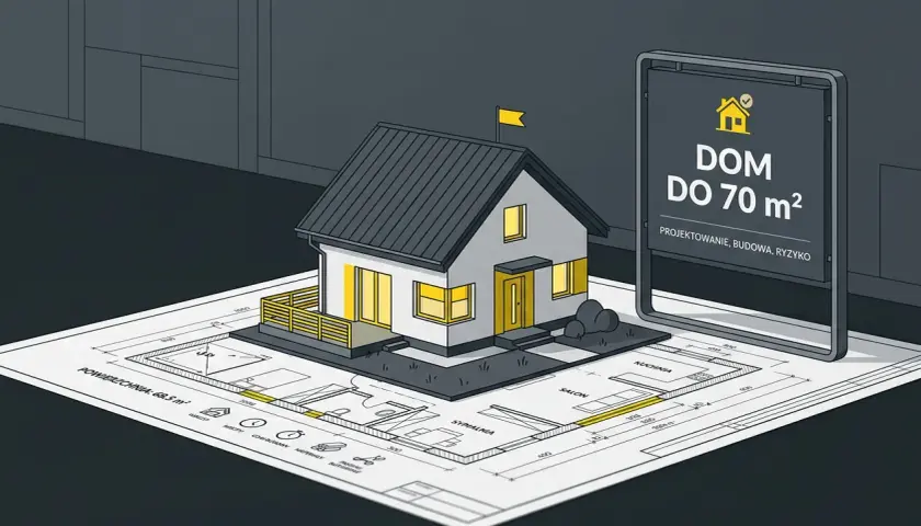 Model domu na planie, obok tablica "DOM DO 70 m²". Odbiór domu bez ocieplenia może wiązać się z ryzykiem.