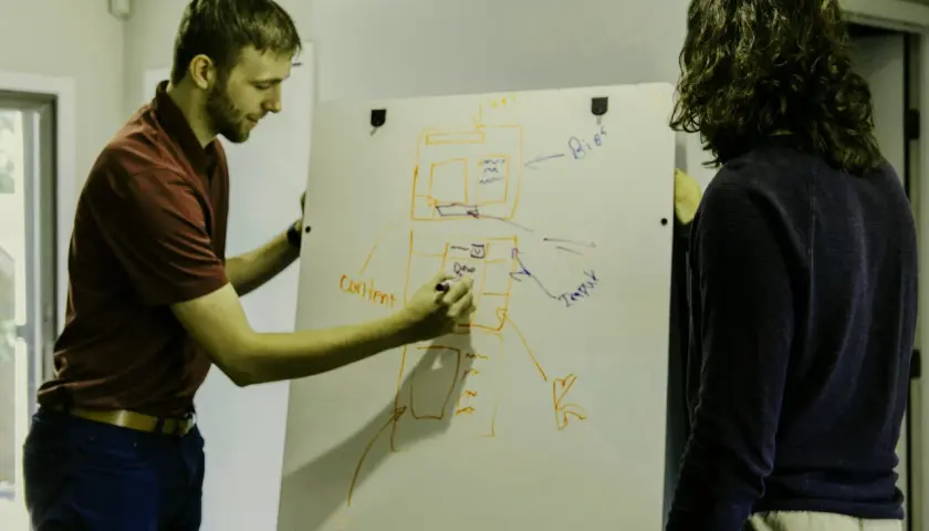 Dwóch mężczyzn planuje projekt na tablicy. Jeden pisze "content", drugi patrzy, jakby chciał uniknąć filistra.