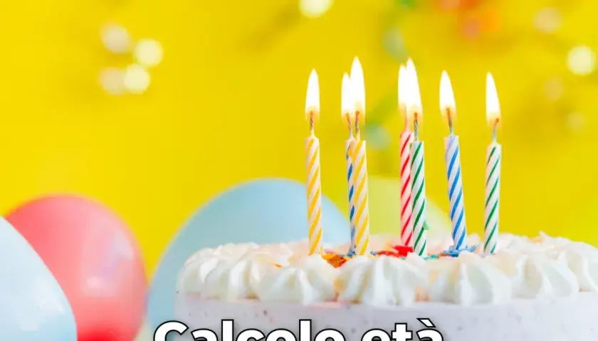 Torta di compleanno con candeline accese e palloncini colorati. Testo "Calcolo età" suggerisce un modo per festeggiare e scoprire quanti anni compi.