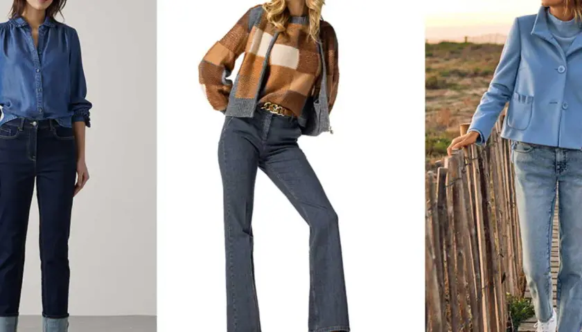 Trois femmes portent des jeans. L'une a un jean droit retroussé, l'autre un jean évasé, et la troisième un jean décontracté.