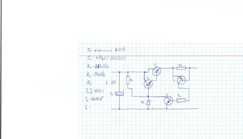 Schemat elektroniczny z elementami R1, R2, R3, T1, T2, T3, T4, D1, C1. Obserwujemy spadek napięcia na rezystorze R2.