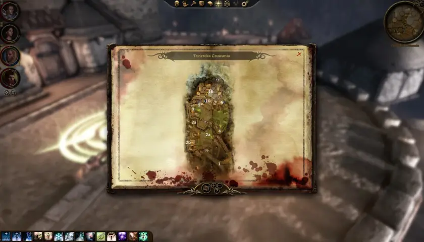 Mapa Twierdzy Czuwania z gry Dragon Age: Przebudzenie. Widać na niej rozmieszczenie lokacji i punktów orientacyjnych.