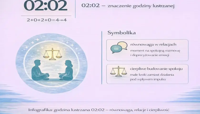 Godziny anielskie 02:02 symbolizują równowagę w relacjach i cierpliwe budowanie spokoju.