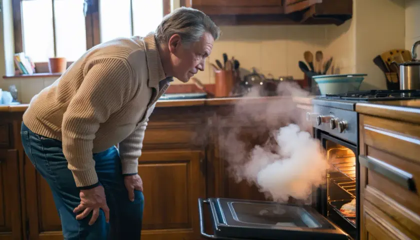 Hombre preocupado mira humo denso salir del horno abierto. El humo del horno es tóxico, ¡cuidado!