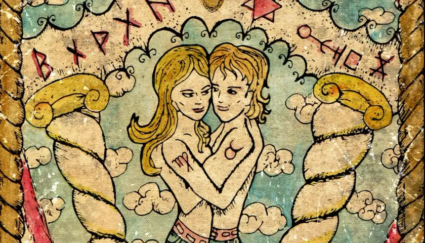 Tarot na miłość: dwie postacie w objęciach, otoczone chmurami i runami.