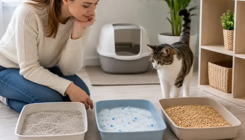 Mujer compara diferentes tipos de arena para gatos: aglomerante, sílice y pellets. Su gato observa.