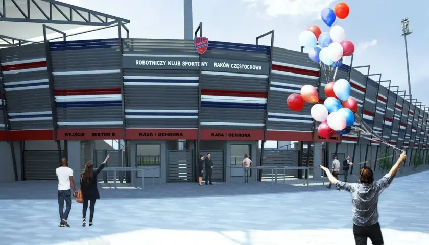 Nowy stadion Rakowa Częstochowa, z imponującą pojemnością, wita kibiców. W tle widać wejścia i kasy.
