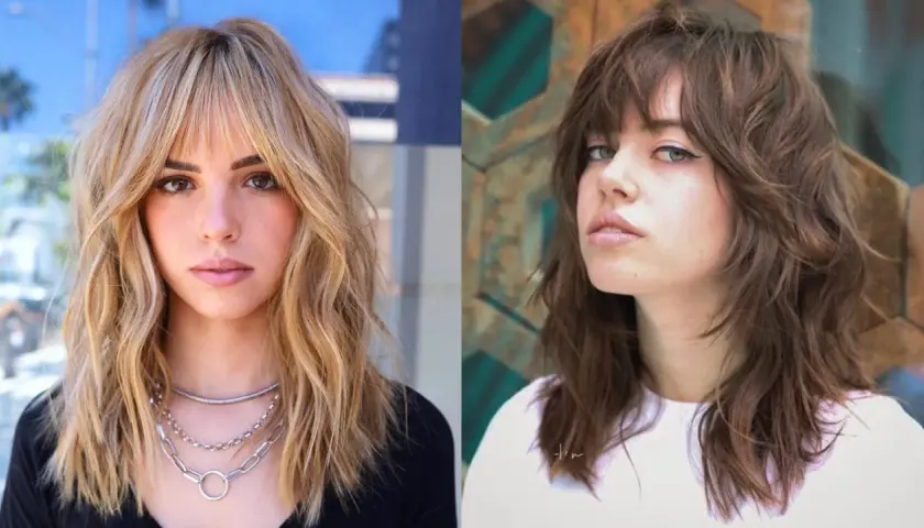 Dos mujeres lucen un corte shag moderno. Una con cabello rubio ondulado y flequillo, la otra con cabello castaño con capas desordenadas.