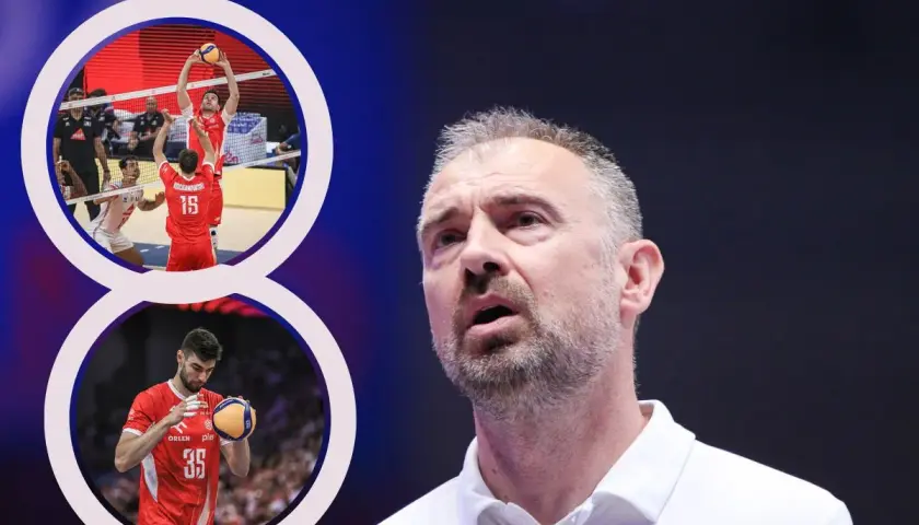 Trener siatkarzy reprezentacji Polski w akcji. W kadrach widać zawodników w czerwonych strojach podczas meczu.