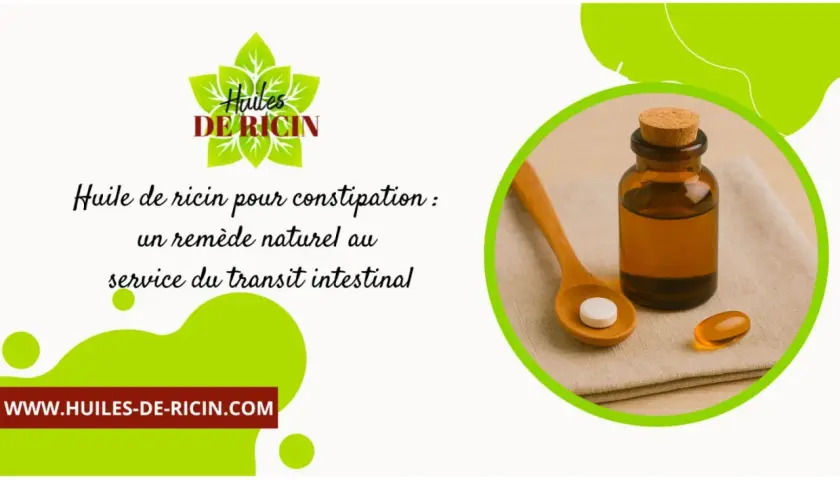Flacone di olio di ricino, pillola e capsula su un cucchiaio. Rimedio naturale per la stitichezza, impacchi con olio di ricino.