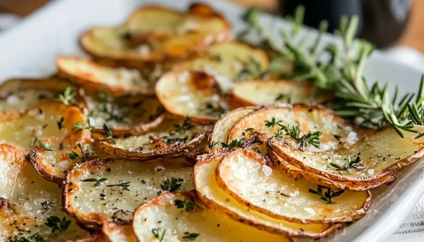 Krispiga klyftpotatis i ugn, toppad med färska örter och havssalt. Perfekt tillbehör som doftar ljuvligt.