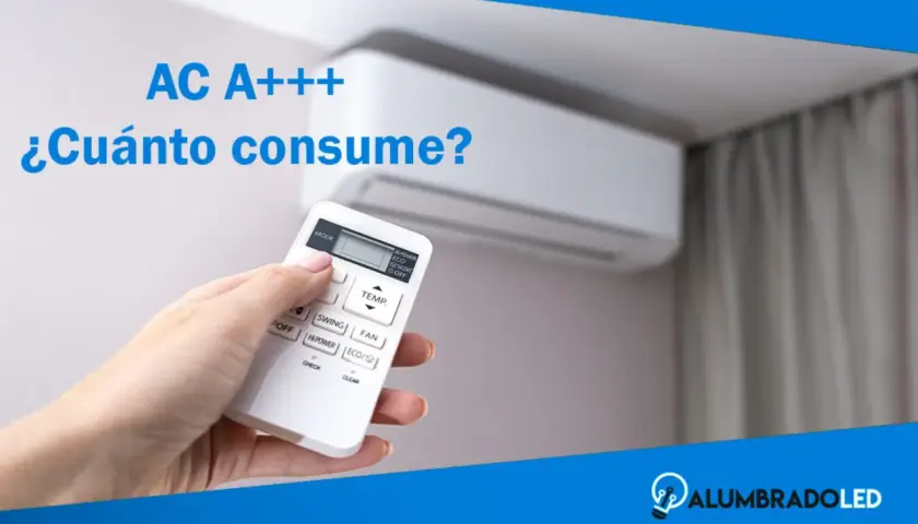 Mano sujetando control remoto de aire acondicionado A+++, preguntando cuánto consume.