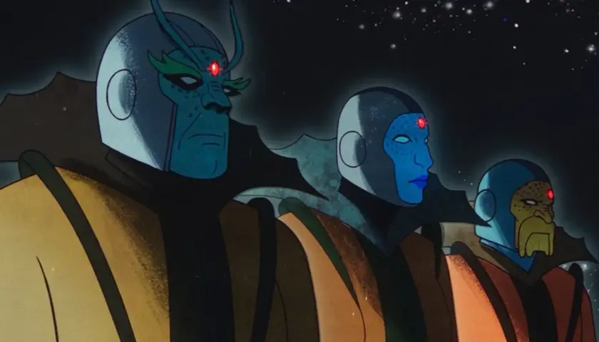 Trois figures bleues, ressemblant aux gardiens du temps Marvel, portent des robes colorées sous un ciel étoilé.