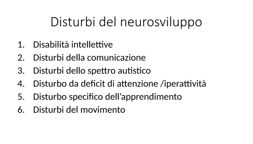 Elenco di disturbi del neurosviluppo: disabilità intellettive, comunicazione, autismo, ADHD, apprendimento, movimento. Con il giusto supporto, questi disturbi possono essere gestiti.