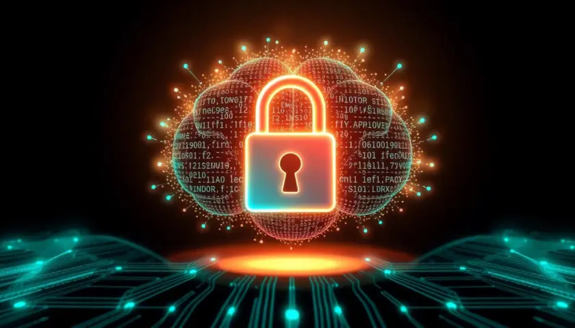 Ein leuchtendes Vorhängeschloss, umgeben von Datenwolken, symbolisiert die Sicherheit von Windows.