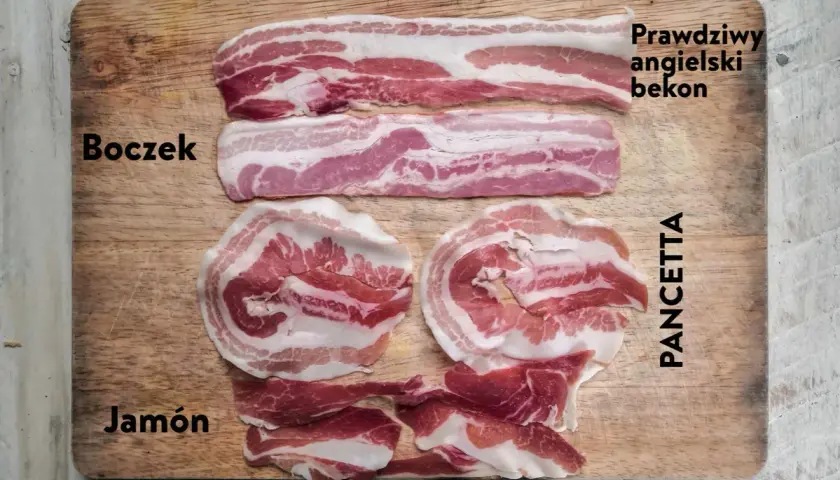 Różne rodzaje mięsa: boczek, prawdziwy angielski bekon, pancetta i jamón, ułożone na desce.