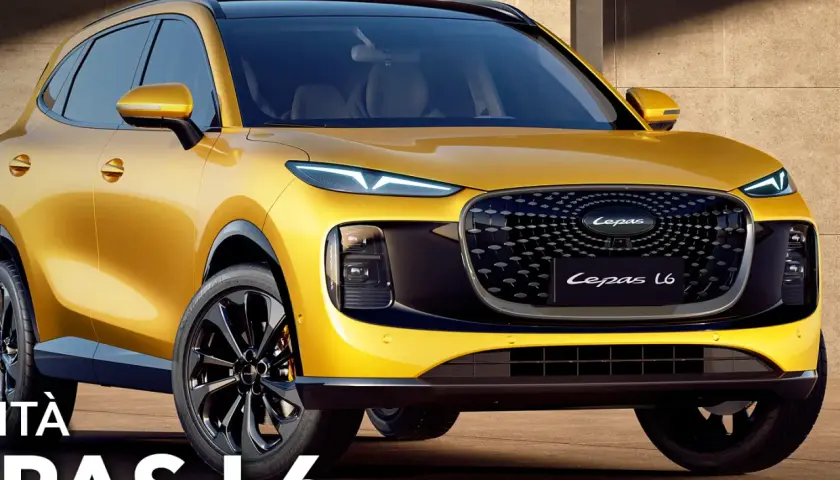 Un SUV giallo brillante, il Lepas L6, con un design audace e fari a LED affilati, si presenta con grinta.